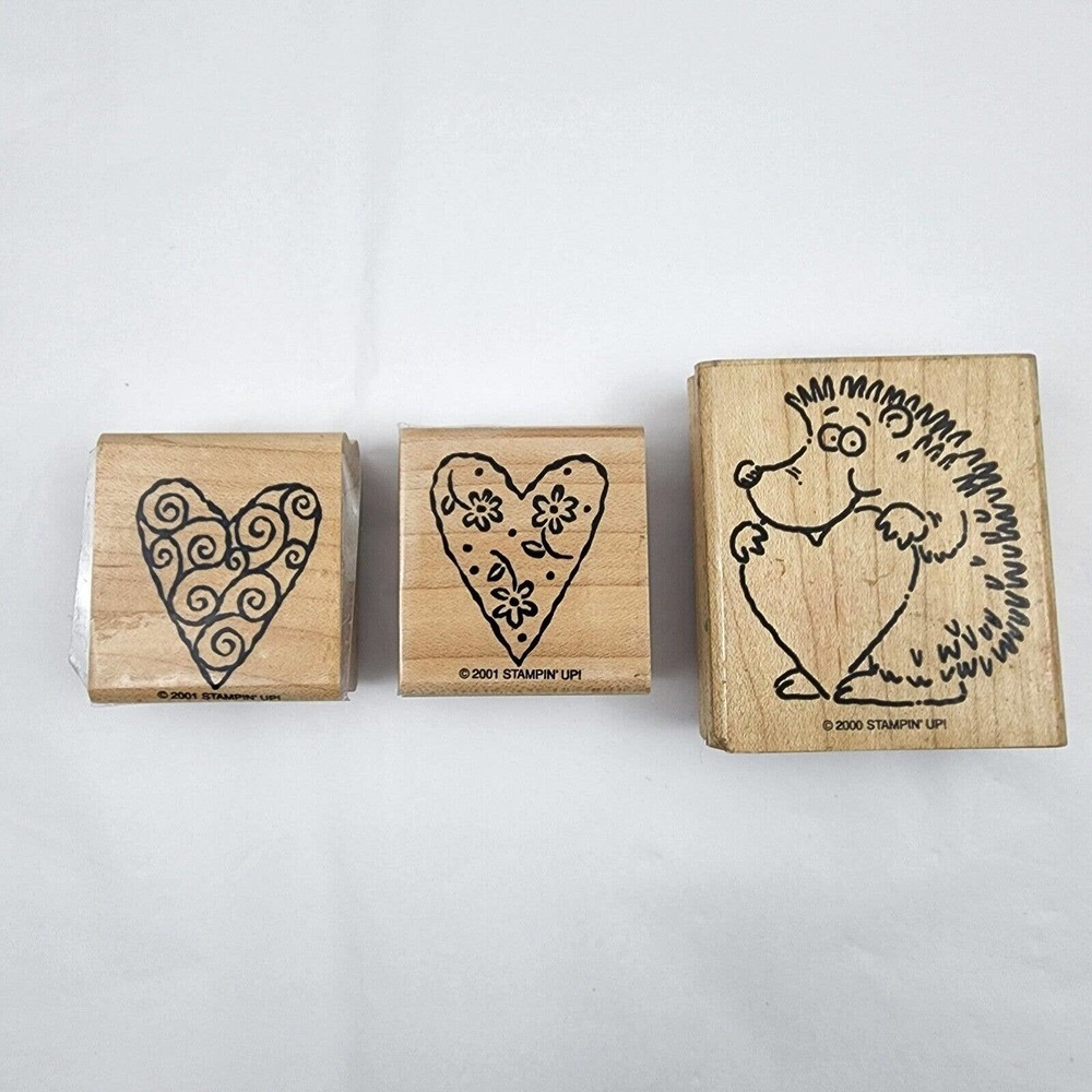 Rubber Stamps Wood Mounted Lot Hearts Hedgehog Valentines Stampin' Up Set of 3